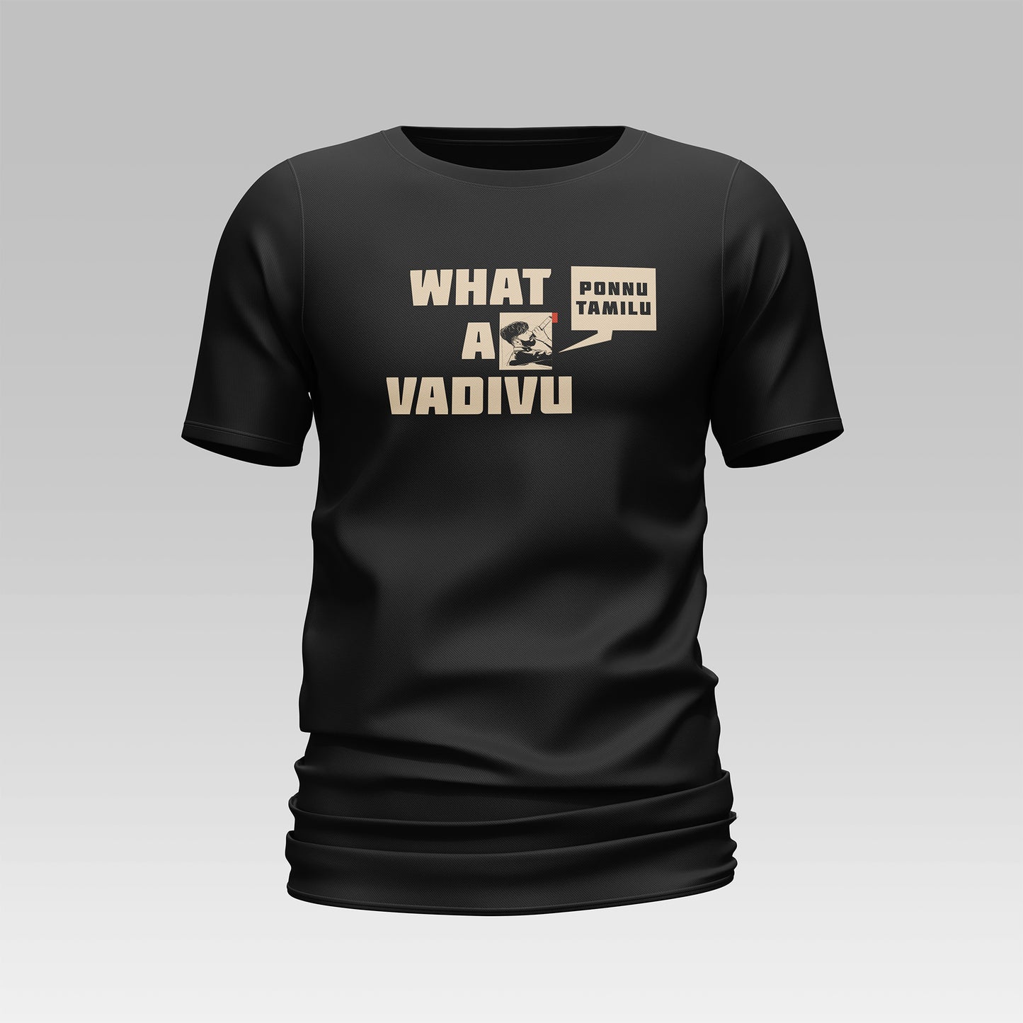 "Front view of the WHAT A VADIVU T-shirt featuring a unique and bold design. High-quality fabric in a comfortable fit, perfect for casual wear and making a fashion statement."