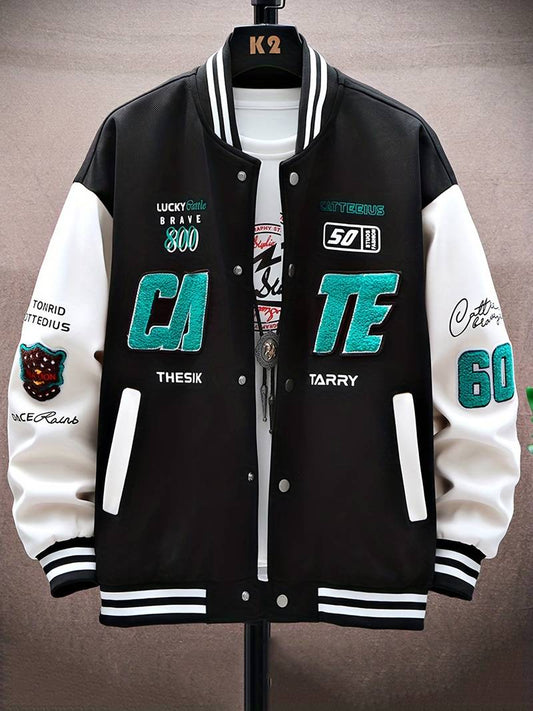 CATE Varsity Jacket with bold graphics, premium durable material.