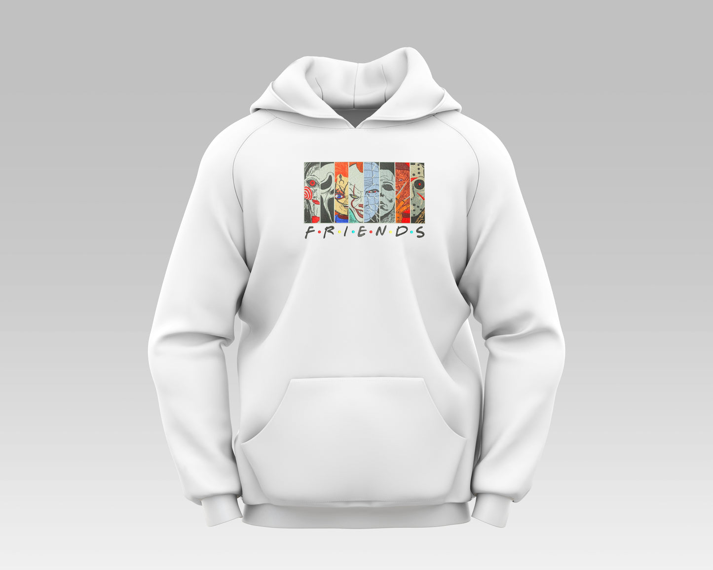 "Halloween X Friends hoodie featuring classic Halloween characters with a Friends TV show design, cozy and perfect for fall."