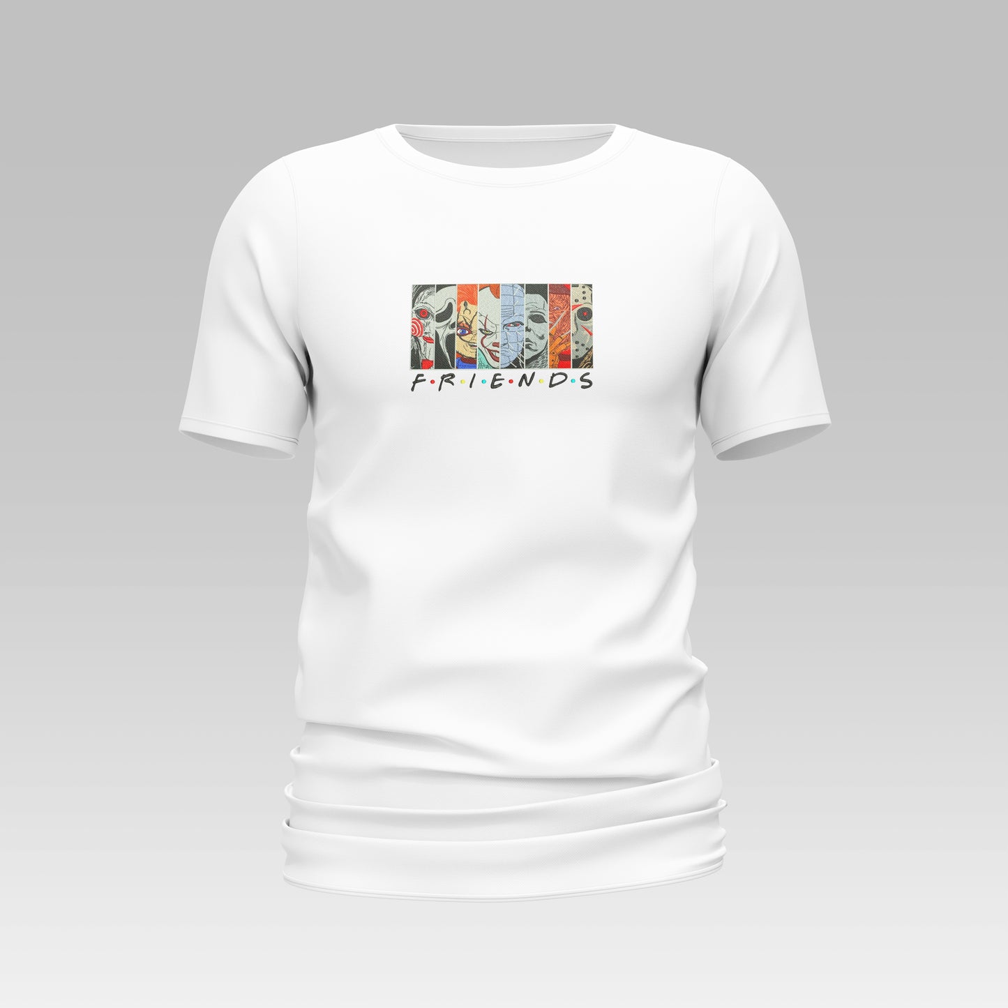 "Halloween X Friends T-shirt featuring a unique design combining Halloween elements with beloved characters from Friends."