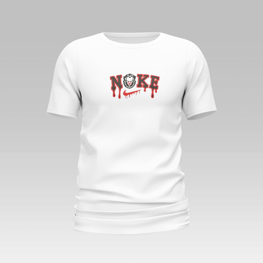 "Nike X Pennywise T-shirt featuring bold graphic design inspired by Pennywise from Stephen King's IT movie, showcasing a unique and stylish horror-themed fashion piece."