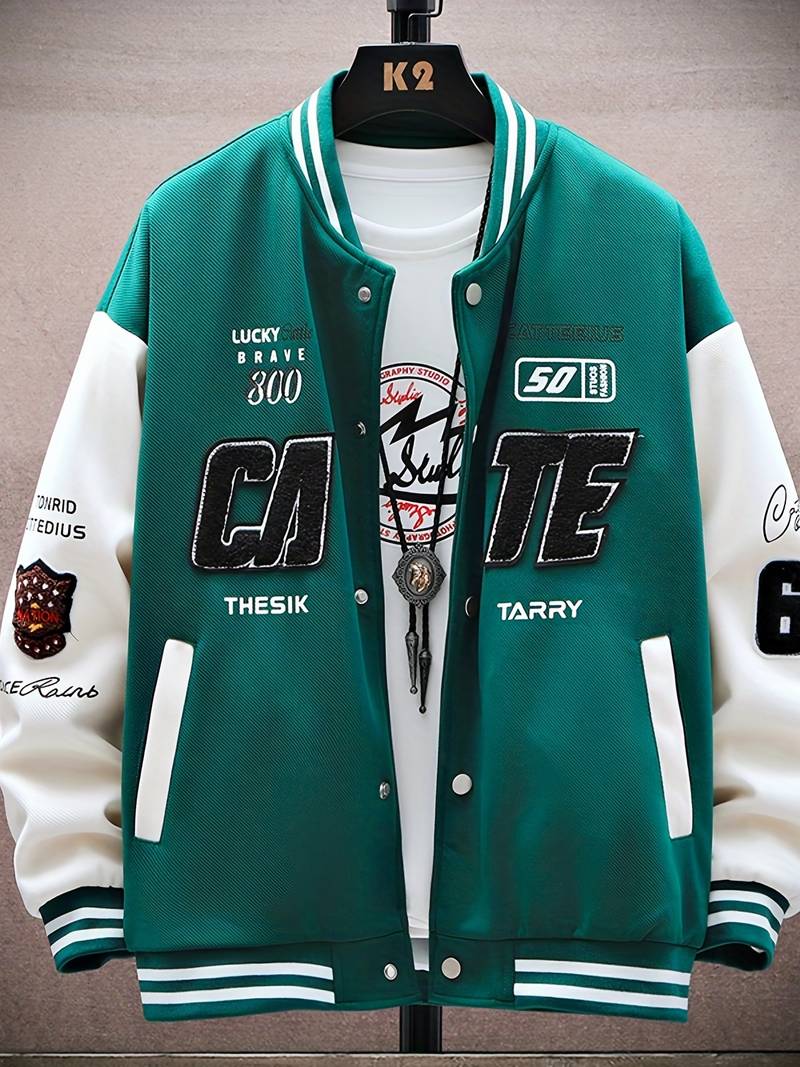 CATE Varsity Jacket with bold graphics, premium durable material