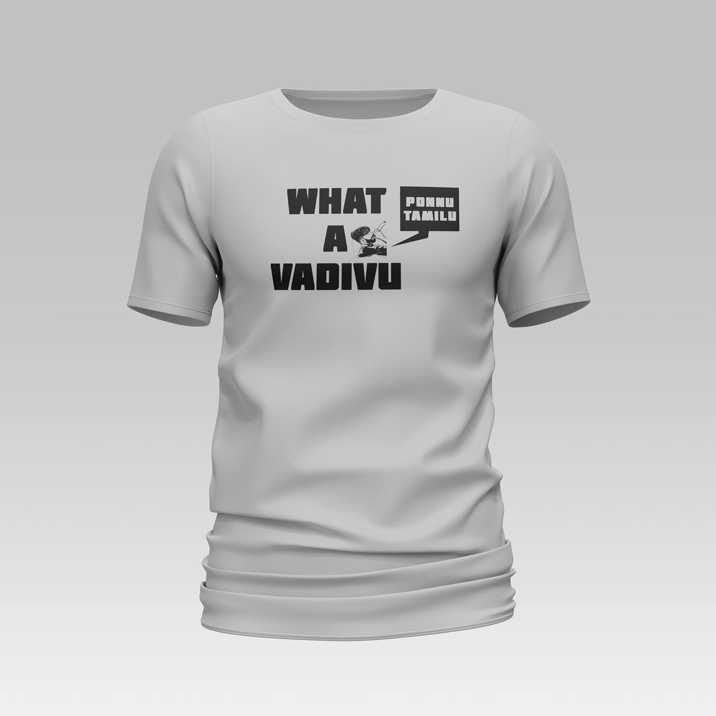"Front view of the WHAT A VADIVU T-shirt featuring a unique and bold design. High-quality fabric in a comfortable fit, perfect for casual wear and making a fashion statement."