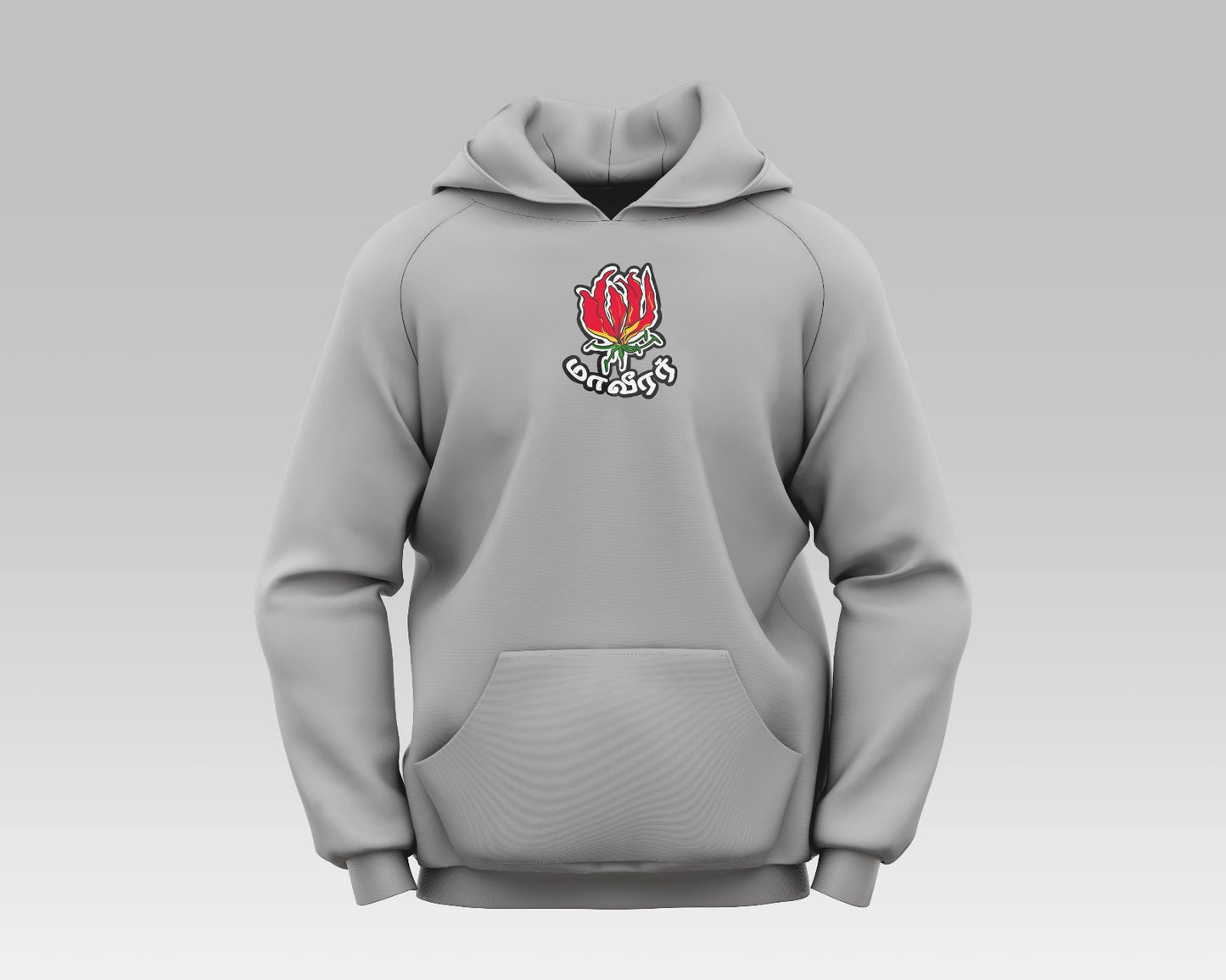 "Maaveerar Naal Hoodie with premium embroidery, honoring Tamil community heritage and supporting charity."