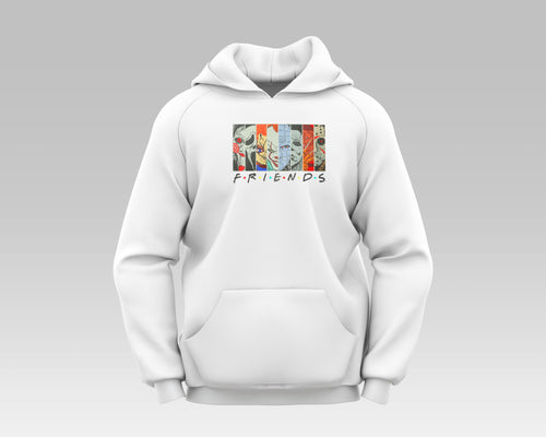 "Halloween X Friends hoodie featuring classic Halloween characters with a Friends TV show design, cozy and perfect for fall."