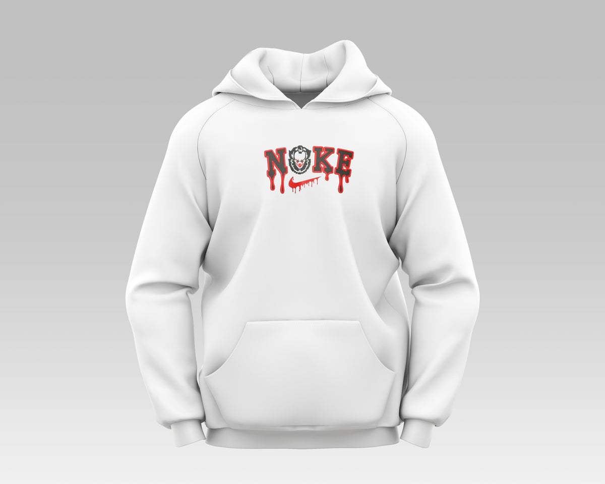 "Limited edition Nike X Pennywise hoodie featuring bold, graphic design inspired by Pennywise the Clown from Stephen King's IT, perfect for Halloween and horror fans."