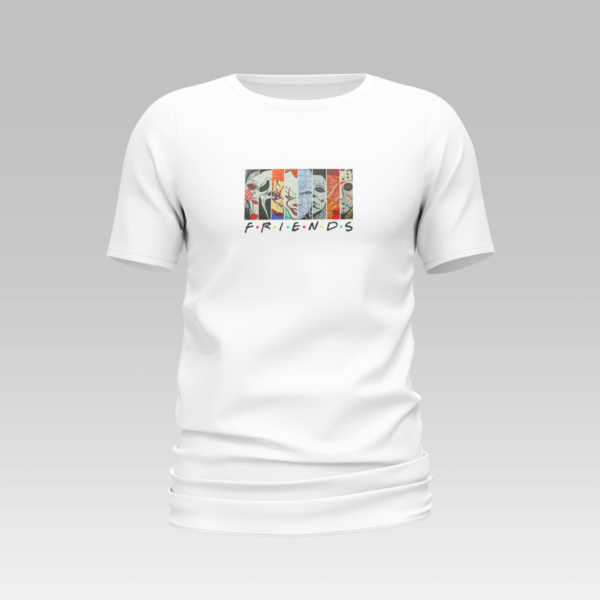 "Halloween X Friends T-shirt featuring a unique design combining Halloween elements with beloved characters from Friends."