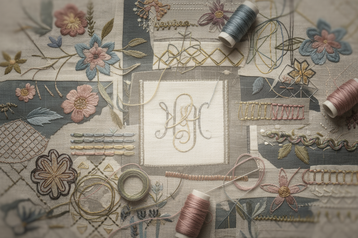 Generate an image for an embroidery shop page. It should look modern and in your face with many designs but also look quite faded so text can stand out on top of it
